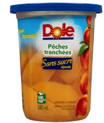 CF497-OU : Dole CF497-OU : Lunch and snacks - Fruity - Sliced Peaches Without Sugar DOLE, SLICED PEACHES without sugar, 12 x 540 ML (plastic)